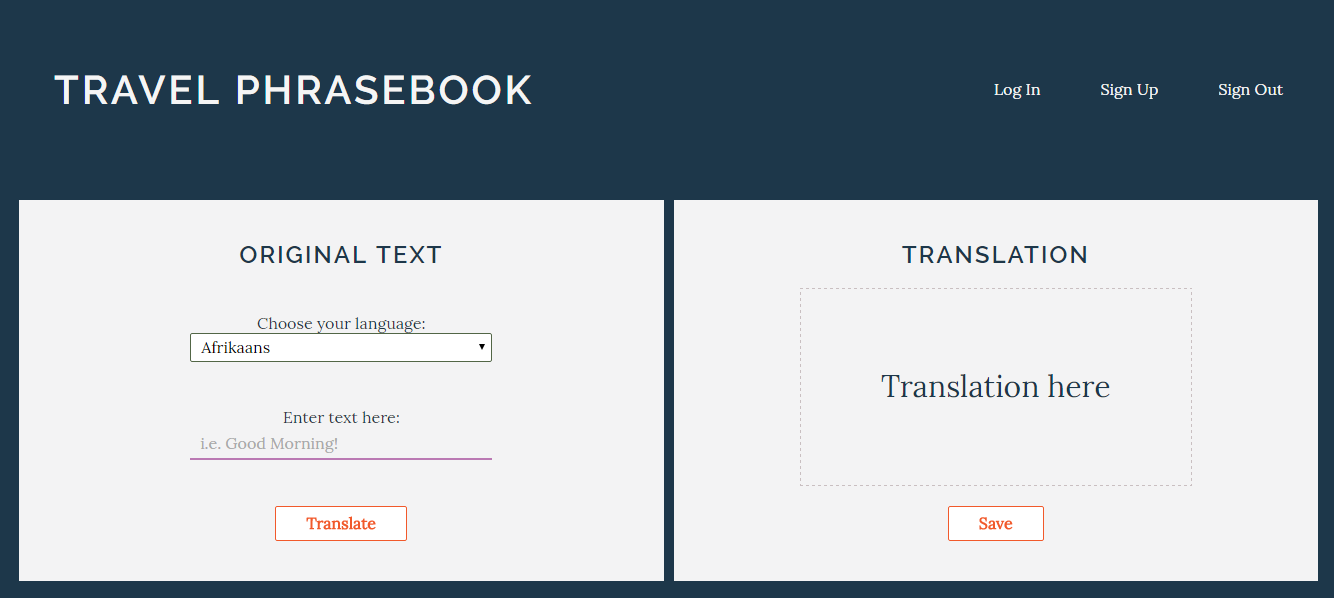 Screenshot of Travel Phrasebook page